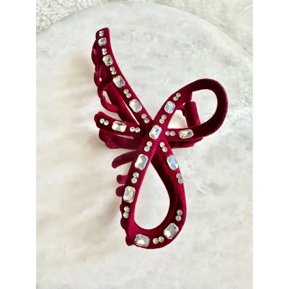 Velvet burgundy red rhinestone embellished hair claw